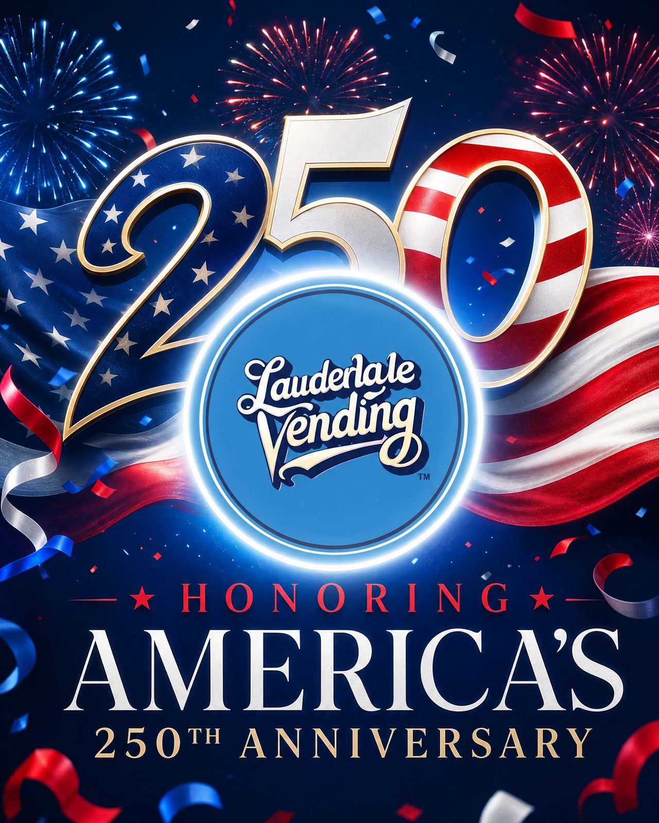Honoring America's 250th Anniversary — Lauderdale Vending celebration graphic